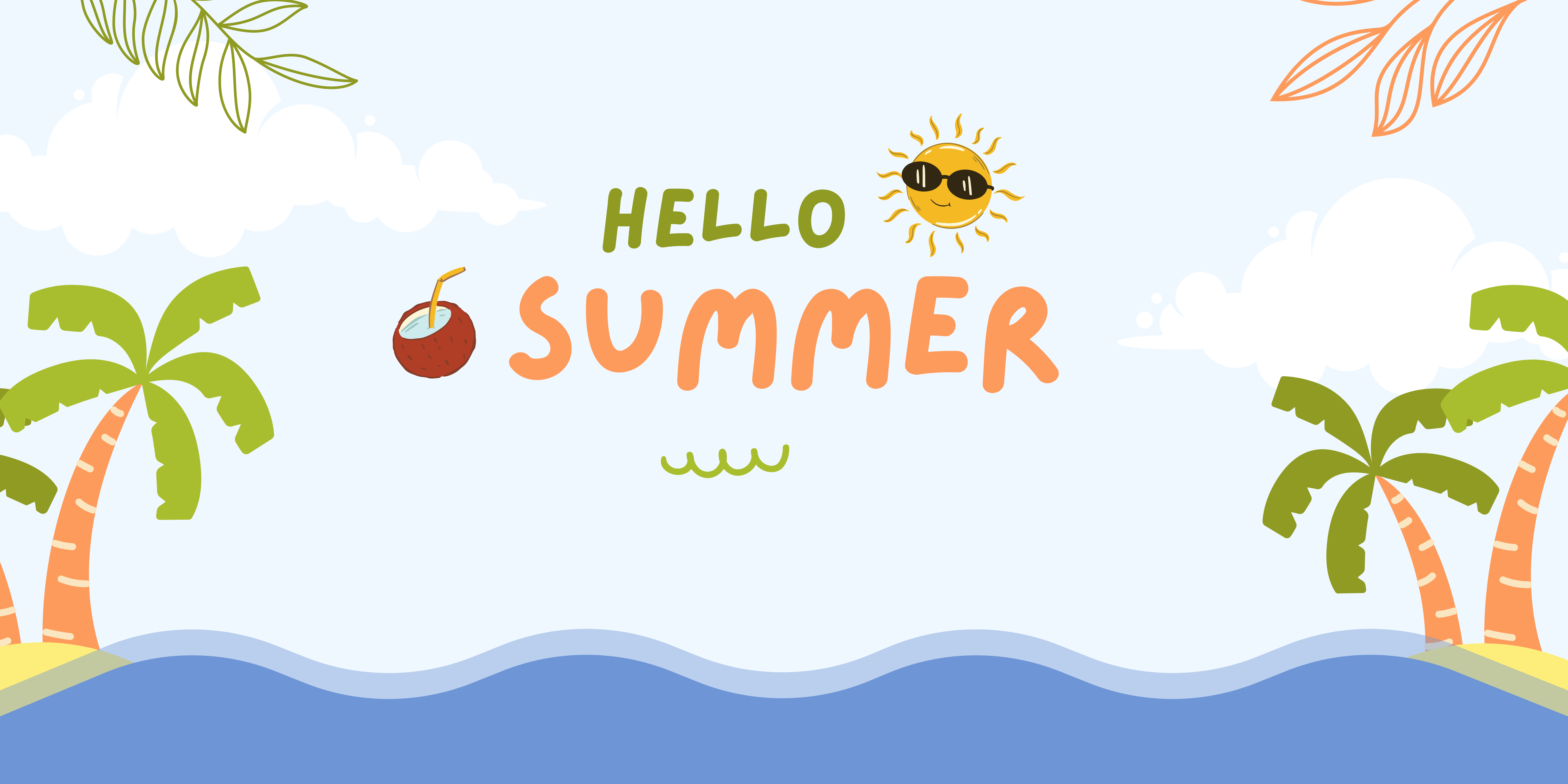 hello summer banner with palm trees
